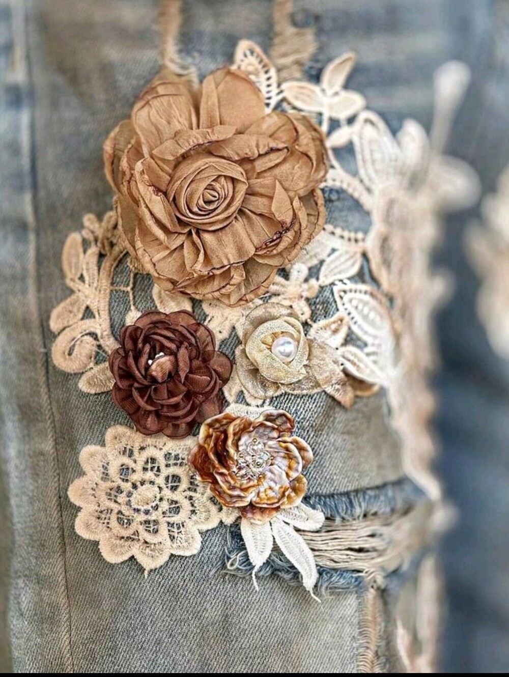 Women's Light Blue Denim Distressed Shorts - 3D Lace Flower - Picture 7 of 8